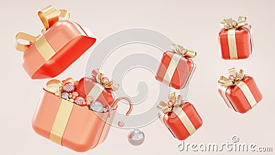 3d rendering Merry New Year and Merry Christmas 2023 RED gift boxes with golden bows and gold and Pink Open gift box.candy and Stock Photo