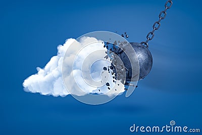 3d rendering of metal chained ball crashing white cloud on blue background Stock Photo