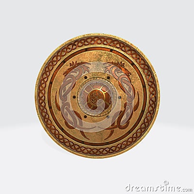 3D rendering of a metal round shield with dragon symbols Stock Photo