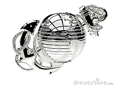 3D rendering - metallic earth globe with anchor ornament Cartoon Illustration