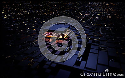 3D rendering microprocessor CPU chipset central processor unit on the illumination circuit computer mainboard. Cyber and Stock Photo