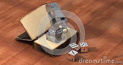 3D rendering of milling vise on old book and three dices on wooden background Stock Photo