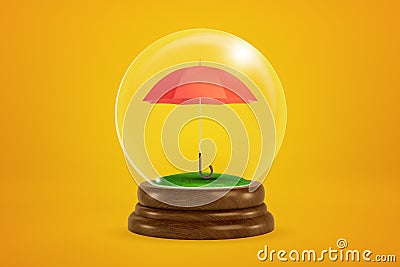 3d rendering of miniature red umbrella inside glass ball globe on amber background. Stock Photo