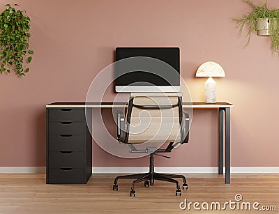 3d rendering of a minimal modern Scandinavian salmony red home office space with black and wood desk Stock Photo