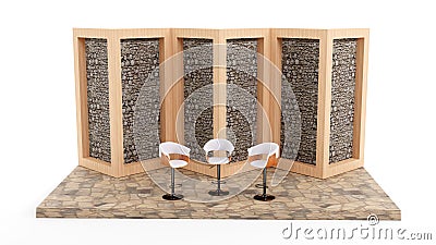 3d rendering of minimal natural material stage with modern seats for talking, interviews, broadcasting studio, Presentation Stock Photo