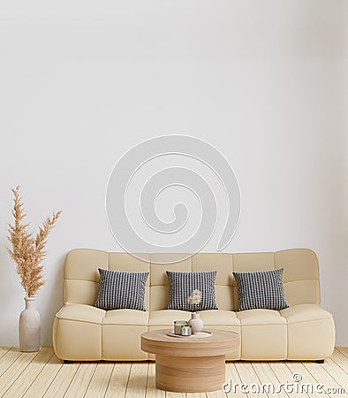 minimal style living room with wooden floor ,white wall,big couch sofa,big window,carpet,wooden cabinet,wall for mockup Stock Photo