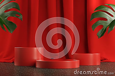 3D Rendering Minimal Template Red Stand Display, Curtain Monstera Plant Abstract Background Stock Photo