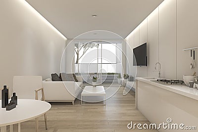 3d rendering minimal white living room and kitchen with decor Stock Photo