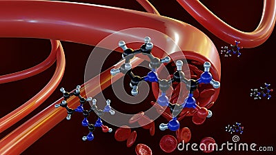 3d rendering of Minoxidil molecules in the blood vessel. Stock Photo