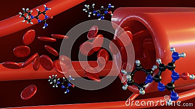 3d rendering of Minoxidil molecules in the blood vessel. Stock Photo