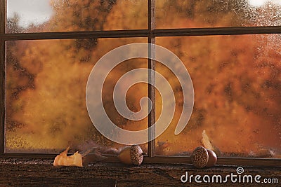 3d rendering of misty windows of a wood cabin in front of autumn Stock Photo