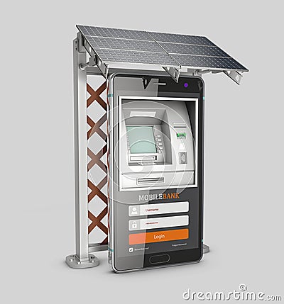 3d Rendering of Mobile online banking and payment concept. Smart phone as ATM with solar panel, clipping path included Stock Photo