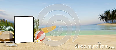 3D rendering, mock-up digital tablet on sand at beautiful beach background Cartoon Illustration