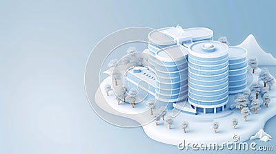 3D rendering of a modern architectural building surrounded by trees, depicted in a minimalistic and futuristic style with soft Stock Photo