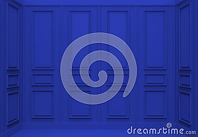 3d rendering. modern classical blue square pattern wood wall corner room background. Stock Photo