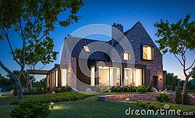 3d rendering of modern clinker house on the ponds with pool in night Stock Photo