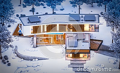 3d rendering of modern clinker house on the ponds with pool in winter night Stock Photo