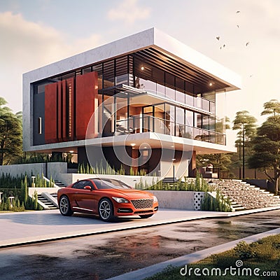 3d rendering of modern cozy house with garage and a car for sale or rent Ai generative Stock Photo