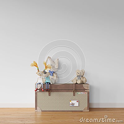 3D rendering of a modern decorated room cute stuffed animals on a beautiful suitcase Stock Photo