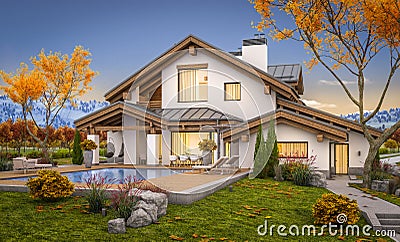 3d rendering of modern house in evening autumn Stock Photo