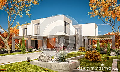 3d rendering of modern house in the garden Ñlear sunny autumn day Stock Photo