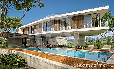 3d rendering of modern house on the hill with pool Stock Photo