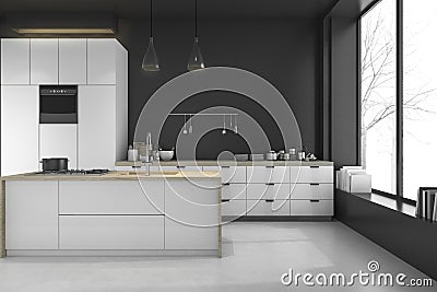 3d rendering modern loft black kitchen and dining room in winter Stock Photo