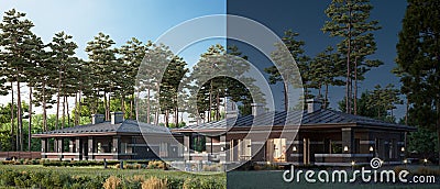 3d rendering of a modern private house, gated community, day transfers into night concept Stock Photo