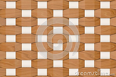 3d rendering. modern weaving white and brown wood square panel tiles wall background. Stock Photo