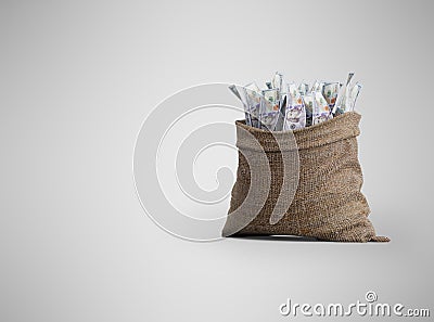 3d rendering money falling in bag on gray background with shadow Stock Photo