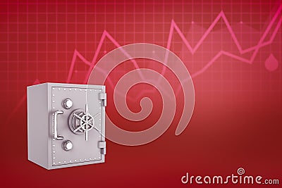 3d rendering of money safe on crimson background with line graphs and copy space. Stock Photo