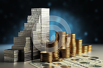 3D rendering, Money stacks transform into a business chart with arrows Stock Photo