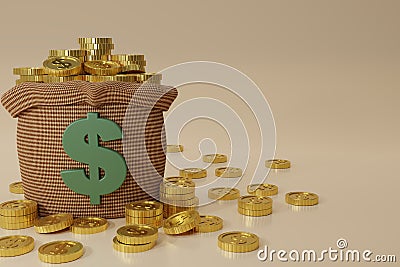 3D rendering moneybag simple cartoon. Money bag icon, Moneybag and coins isolated on beige background. Cashless society Stock Photo
