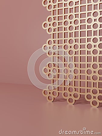 3D Rendering Monochrome Pink and Light Rose Gold Studio Shot Background with Chinese Style Decoration Screen for Beauty, Food and Stock Photo