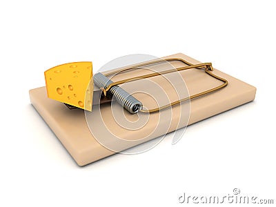 3D Rendering of mousetrap with cheese as lure Stock Photo