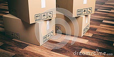 3d rendering moving boxes on wooden floor Stock Photo