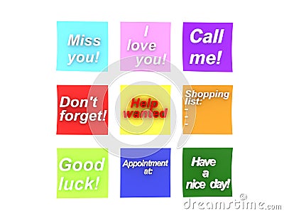 3D Rendering of multi colored post it notes with various messages Stock Photo