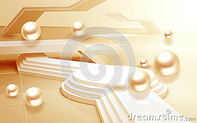 3d rendering mural golden wallpaper. platform, sale scene. abstract pastel podium, white marble floor in room. Architectural cos Cartoon Illustration