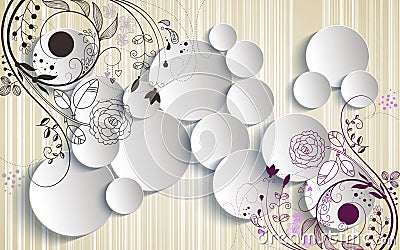 3d rendering mural wallpaper abstract with flowers ornament and white circles decoration Stock Photo