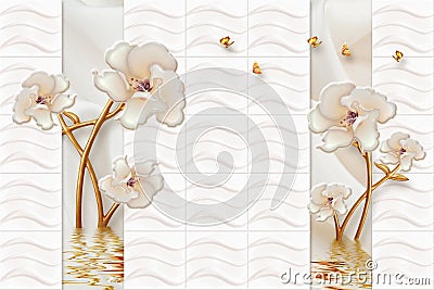 3d rendering mural wallpaper marble abstract with golden flowers ornament and silver gold background Stock Photo