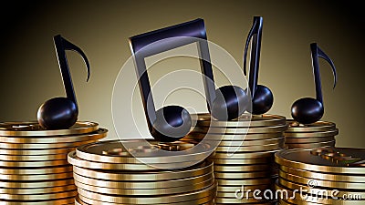 3d rendering of musical notes on top of pile of coins Stock Photo