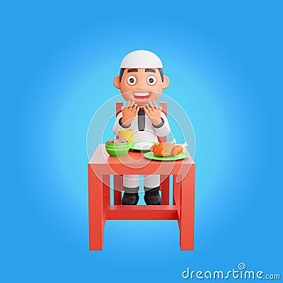 3D Rendering of a Muslim Character Breaking Fast Cartoon Illustration