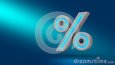 3D rendering neon percent sign isolated on blue background. Cartoon Illustration