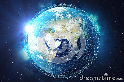 3D rendering Network and data exchange over planet earth in space. Connection lines Around Earth Globe. Blue Sunrise Stock Photo