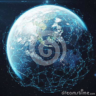 3D rendering Network and data exchange over planet earth in space. Connection lines Around Earth Globe. Global Stock Photo