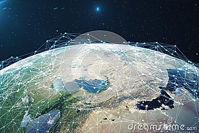 3D rendering Network and data exchange over planet earth in space. Connection lines Around Earth Globe. Global Stock Photo