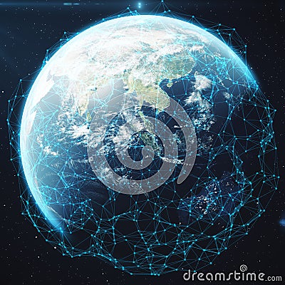 3D rendering Network and data exchange over planet earth in space. Connection lines Around Earth Globe. Global Stock Photo