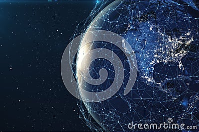 3D rendering Network and data exchange over planet earth in space. Connection lines Around Earth Globe. Global Stock Photo