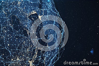 3D rendering Network and data exchange over planet earth in space. Connection lines Around Earth Globe. Global Stock Photo