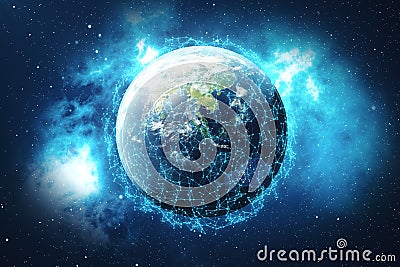 3D rendering Network and data exchange over planet earth in space. Connection lines Around Earth Globe. Global Stock Photo